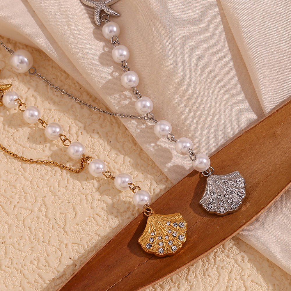 Pave Scallop Shell Pearl Chain Necklace - Silvery - 6