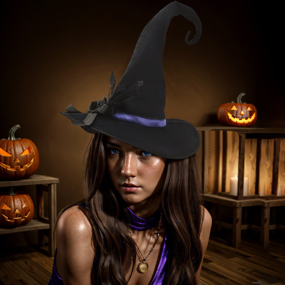 Velvet Bow Pointed Witch Hat - Black - 2