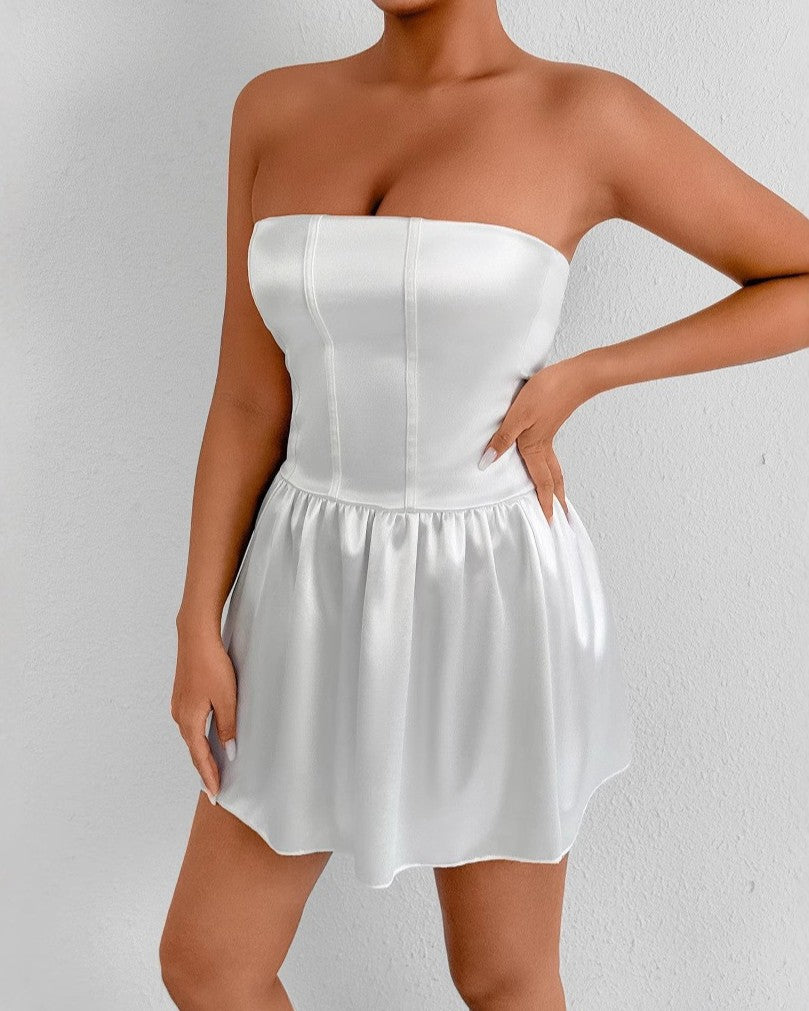 Strapless Satin Bubble Hem Mini Dress - White - 1