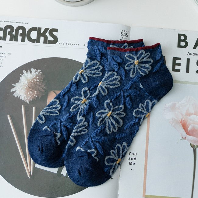 Sheer Floral Embroidered Ankle Socks - NavyBlue