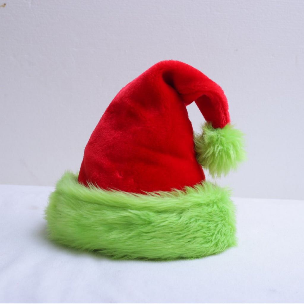 Plush Christmas Santa Beanie With Fur Brim - Green