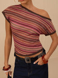 Asymmetric One Shoulder Striped Knit Top - Colour