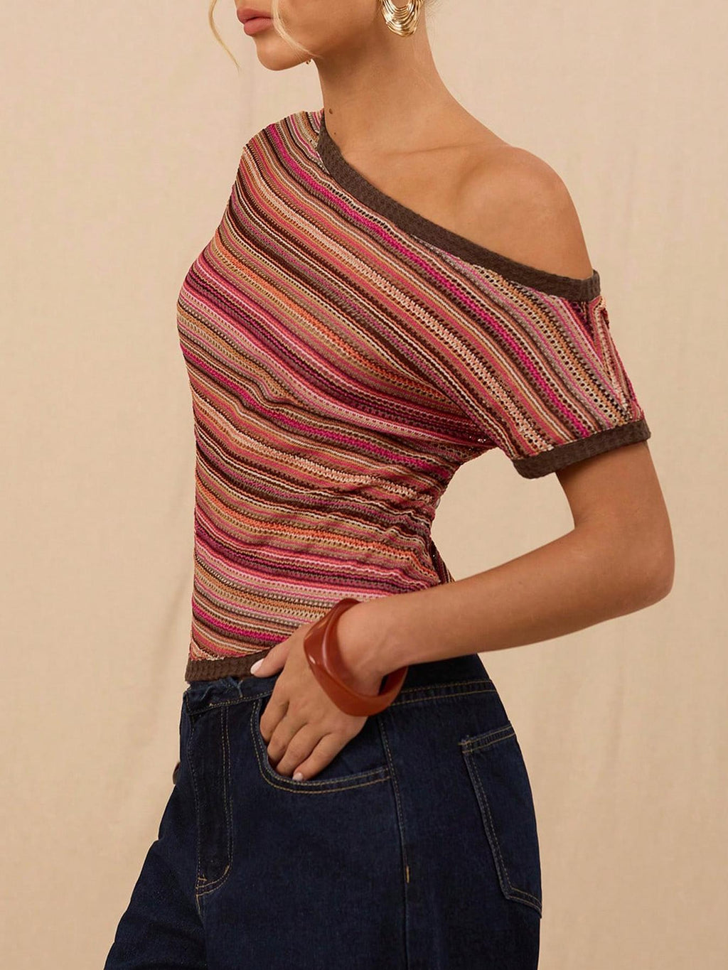 Asymmetric One Shoulder Striped Knit Top - Colour - 2