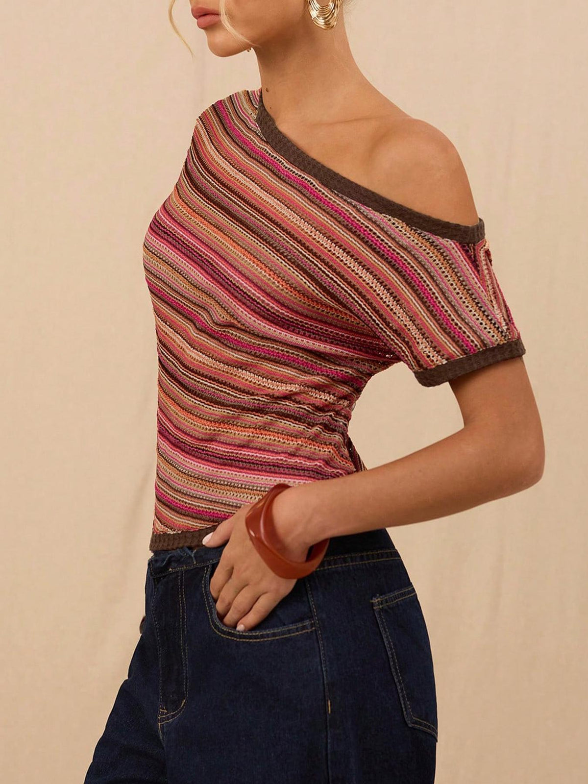 Asymmetric One Shoulder Striped Knit Top - Colour - 2
