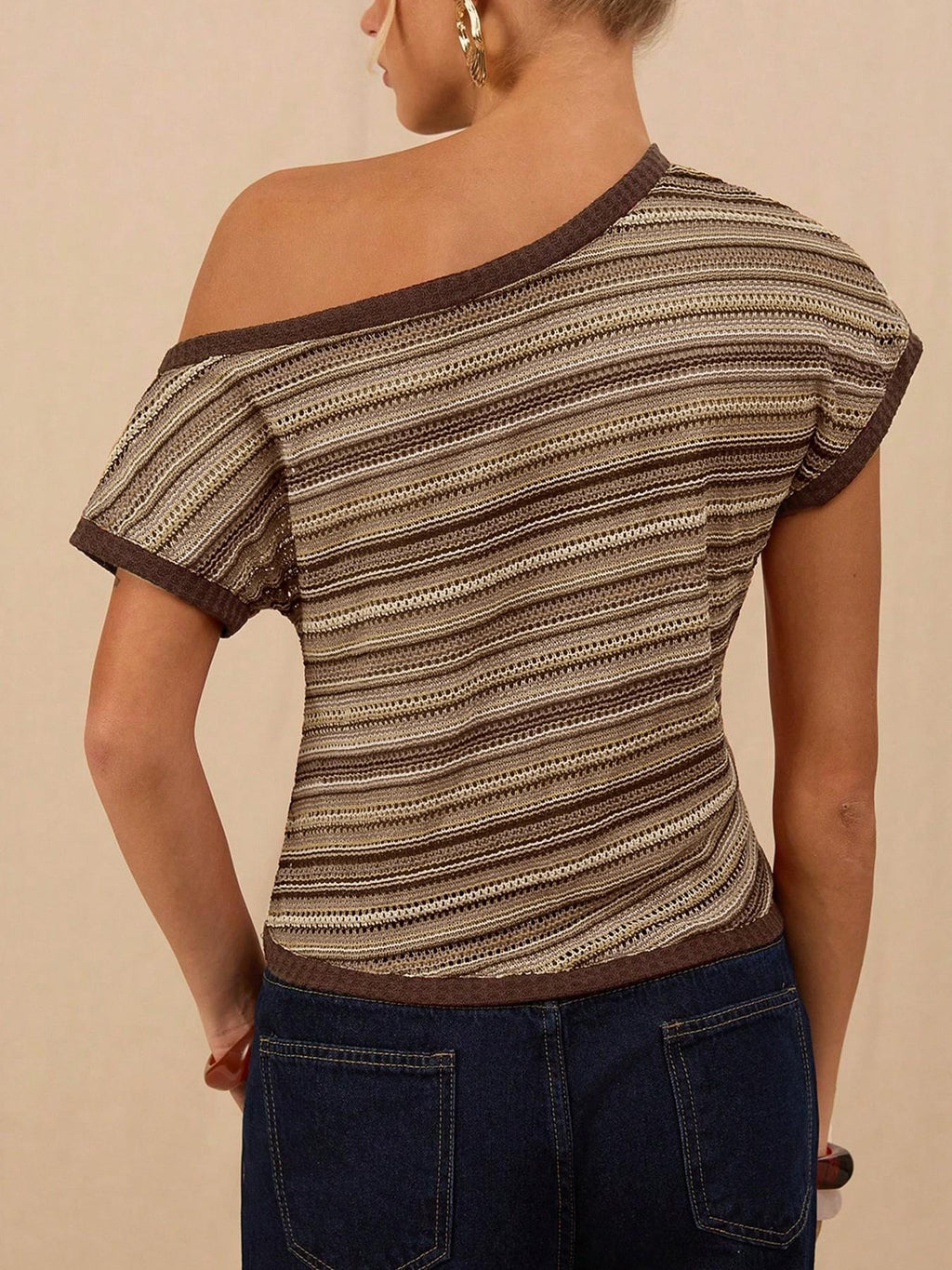 Asymmetric One Shoulder Striped Knit Top - Khaki - 2