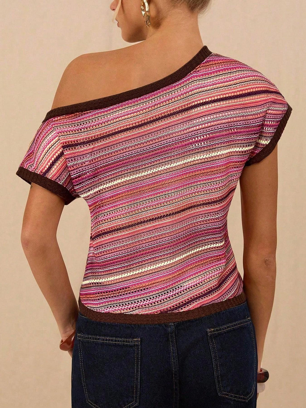 Asymmetric One Shoulder Striped Knit Top - Pink - 1