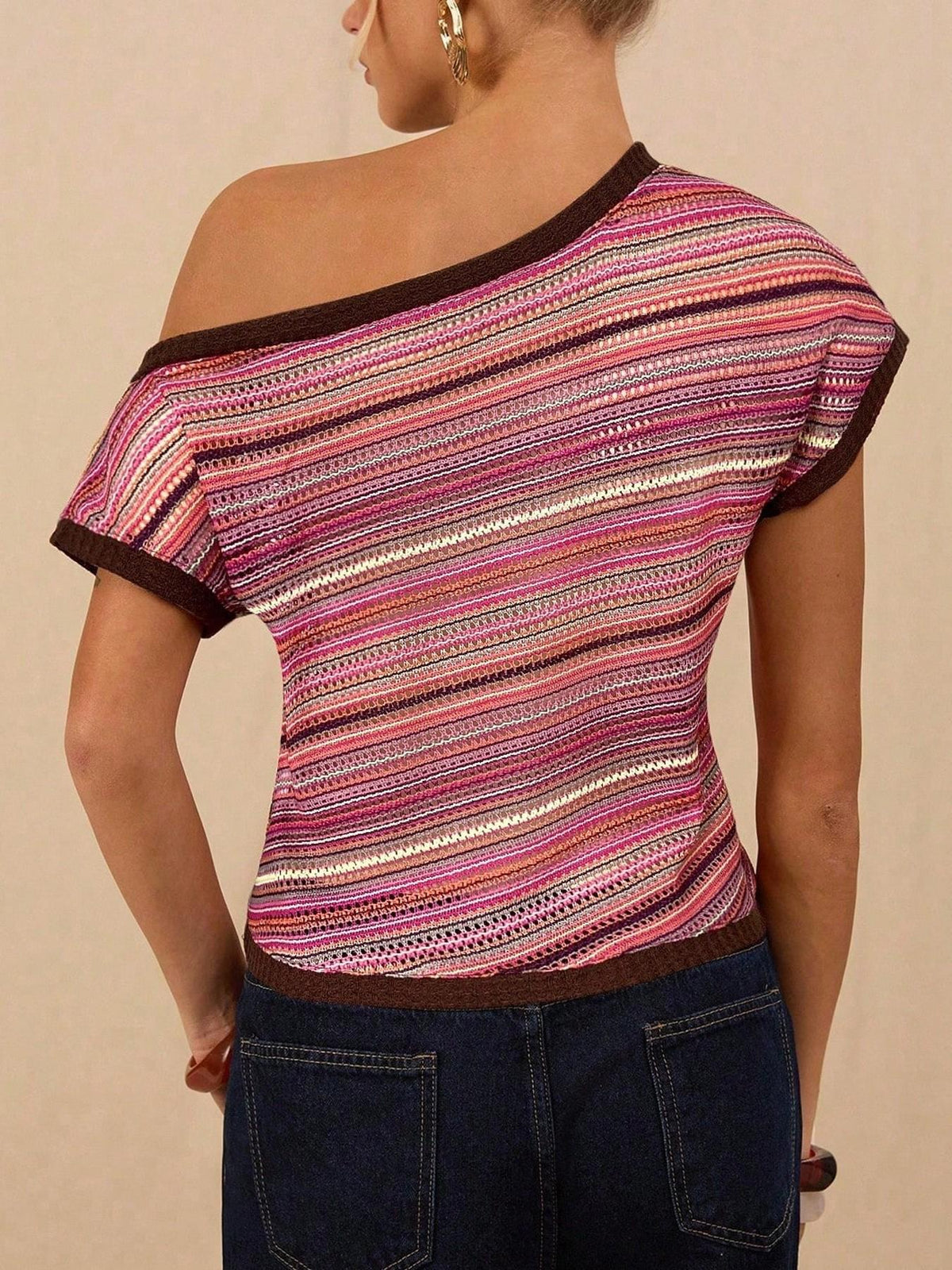 Asymmetric One Shoulder Striped Knit Top - Pink - 1