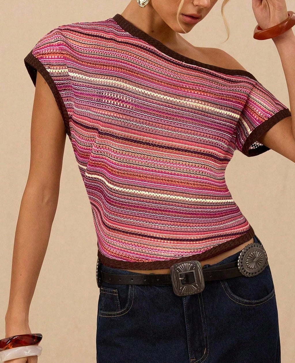 Asymmetric One Shoulder Striped Knit Top - Pink - 2