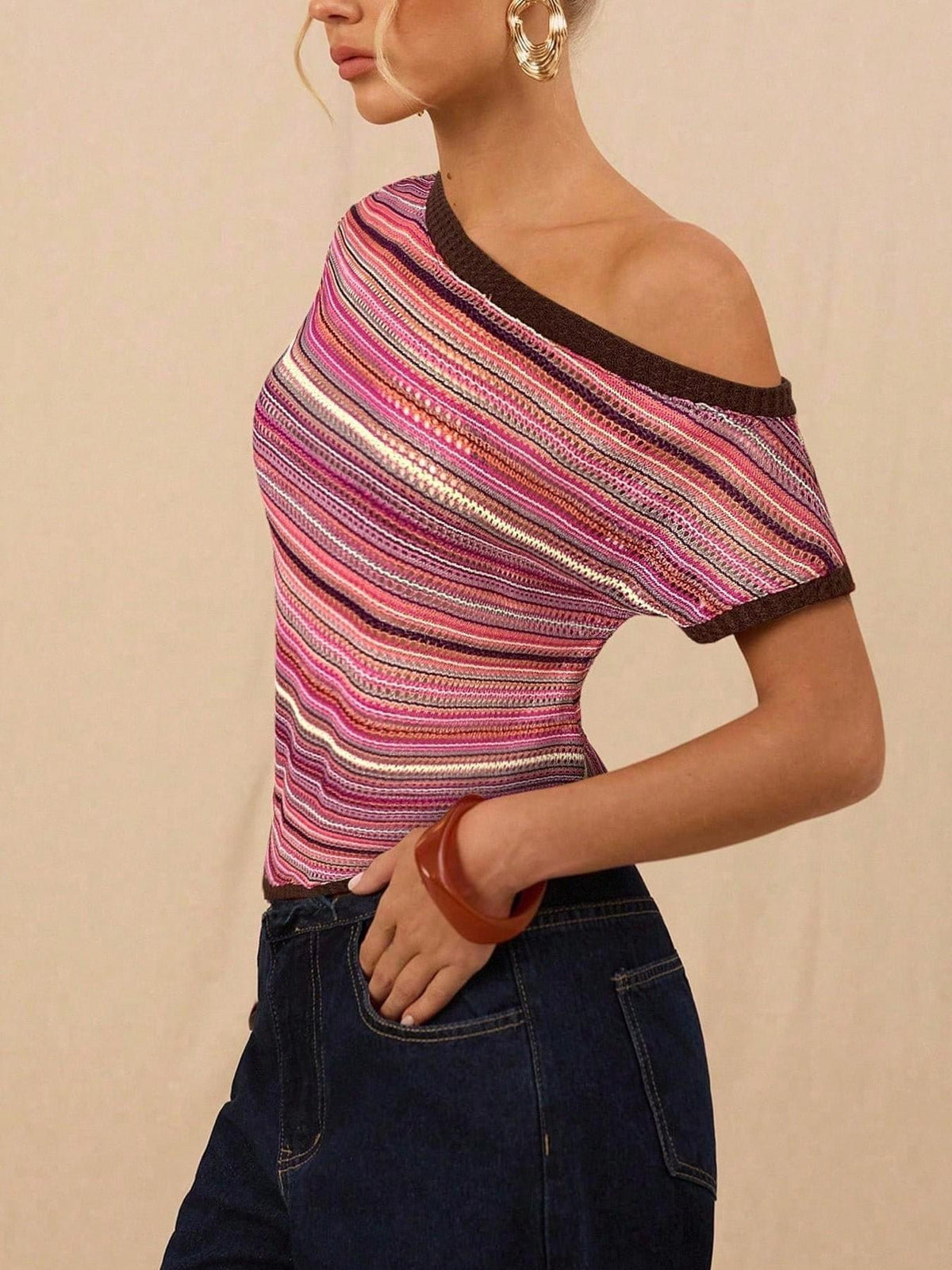 Asymmetric One Shoulder Striped Knit Top - Pink - 3