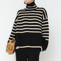 Striped Turtleneck Oversized Slit Knit Sweater - Black