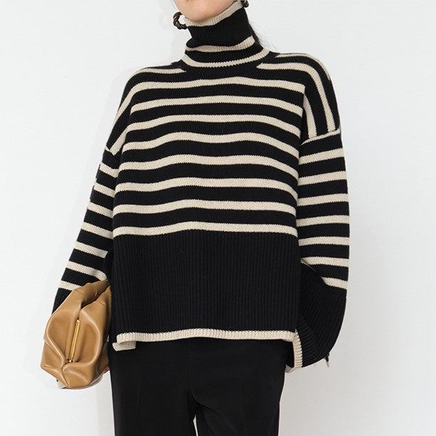Striped Turtleneck Oversized Slit Knit Sweater - Black