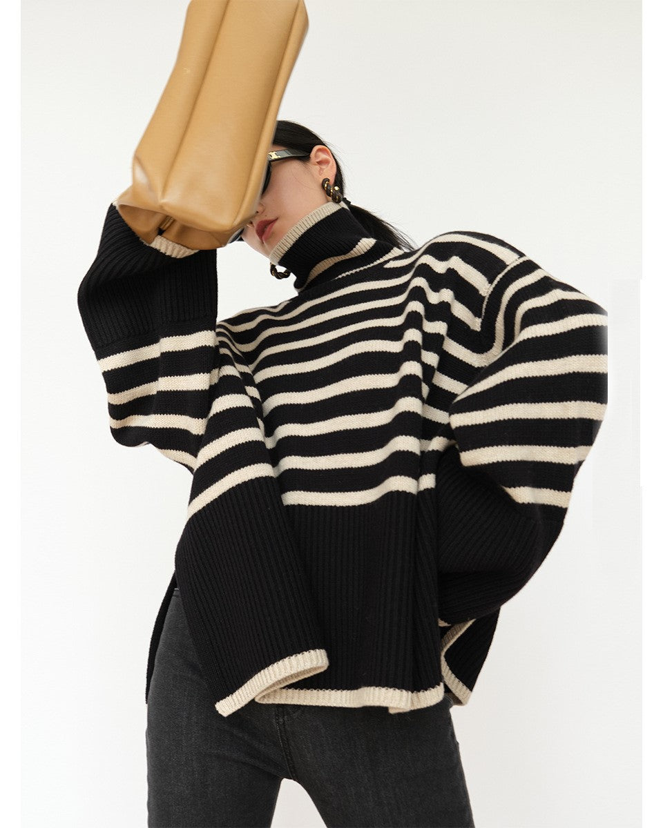 Striped Turtleneck Oversized Slit Knit Sweater - Black - 1