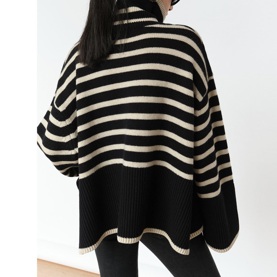 Striped Turtleneck Oversized Slit Knit Sweater - Black - 2