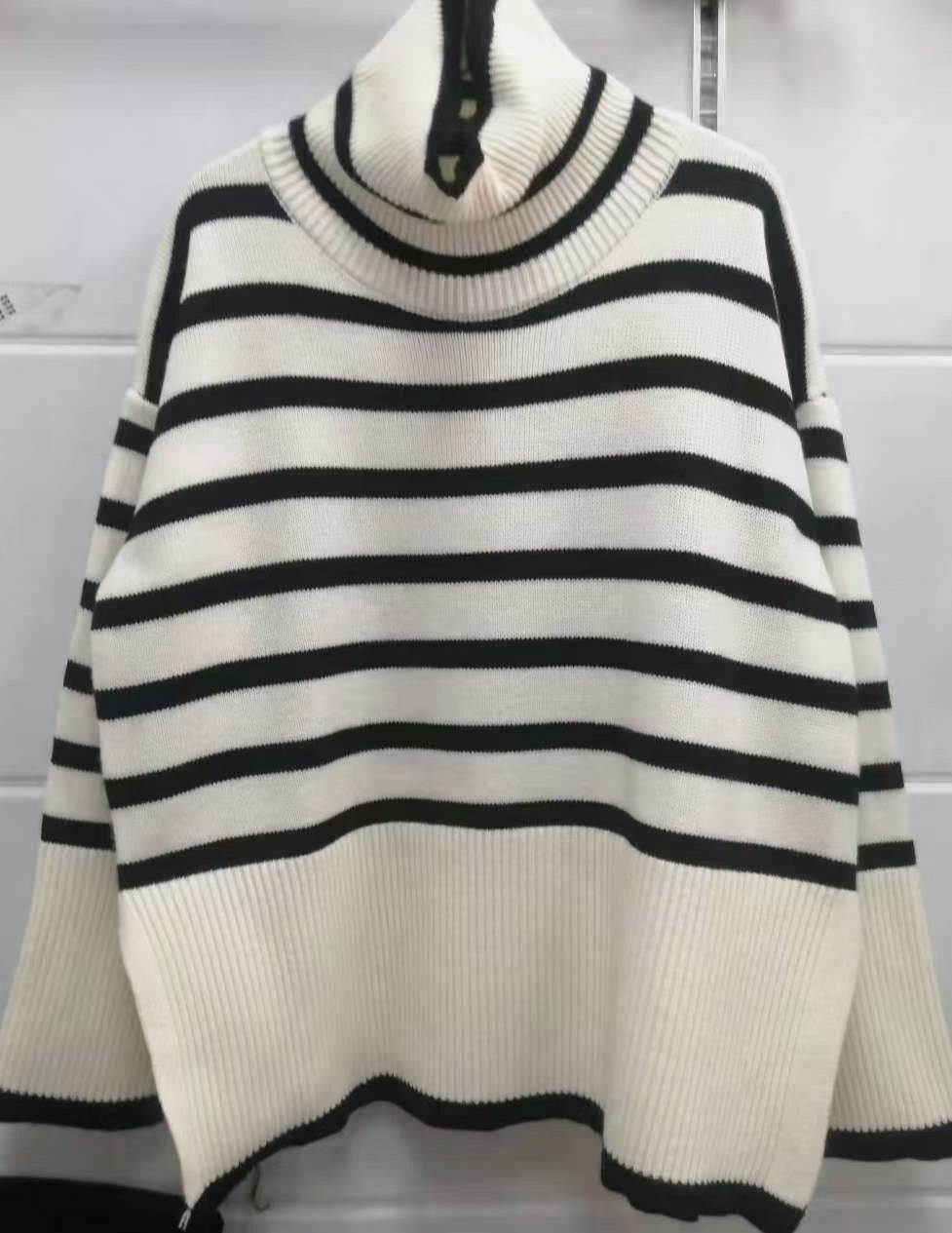 Striped Turtleneck Oversized Slit Knit Sweater - Khaki - 1