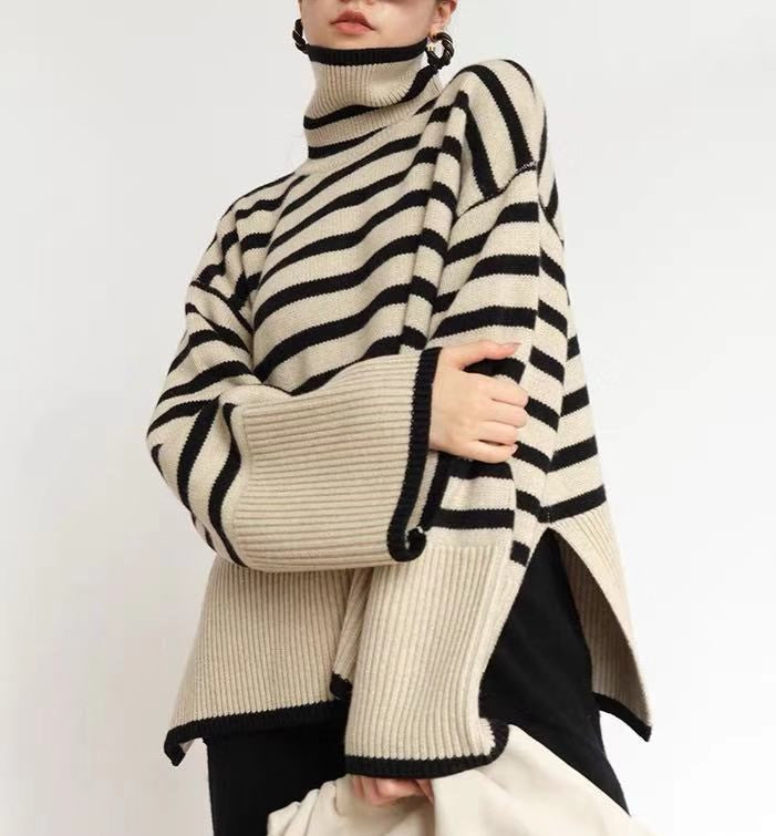 Striped Turtleneck Oversized Slit Knit Sweater - view 1