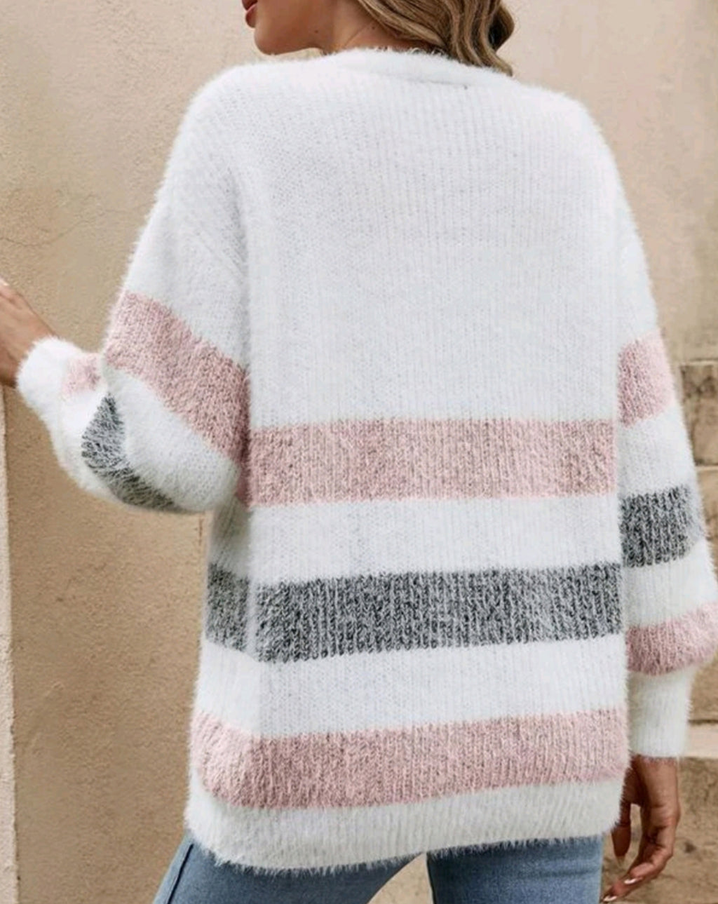 Fuzzy Stripe Longline Button Knit Sweater - Pink - 3