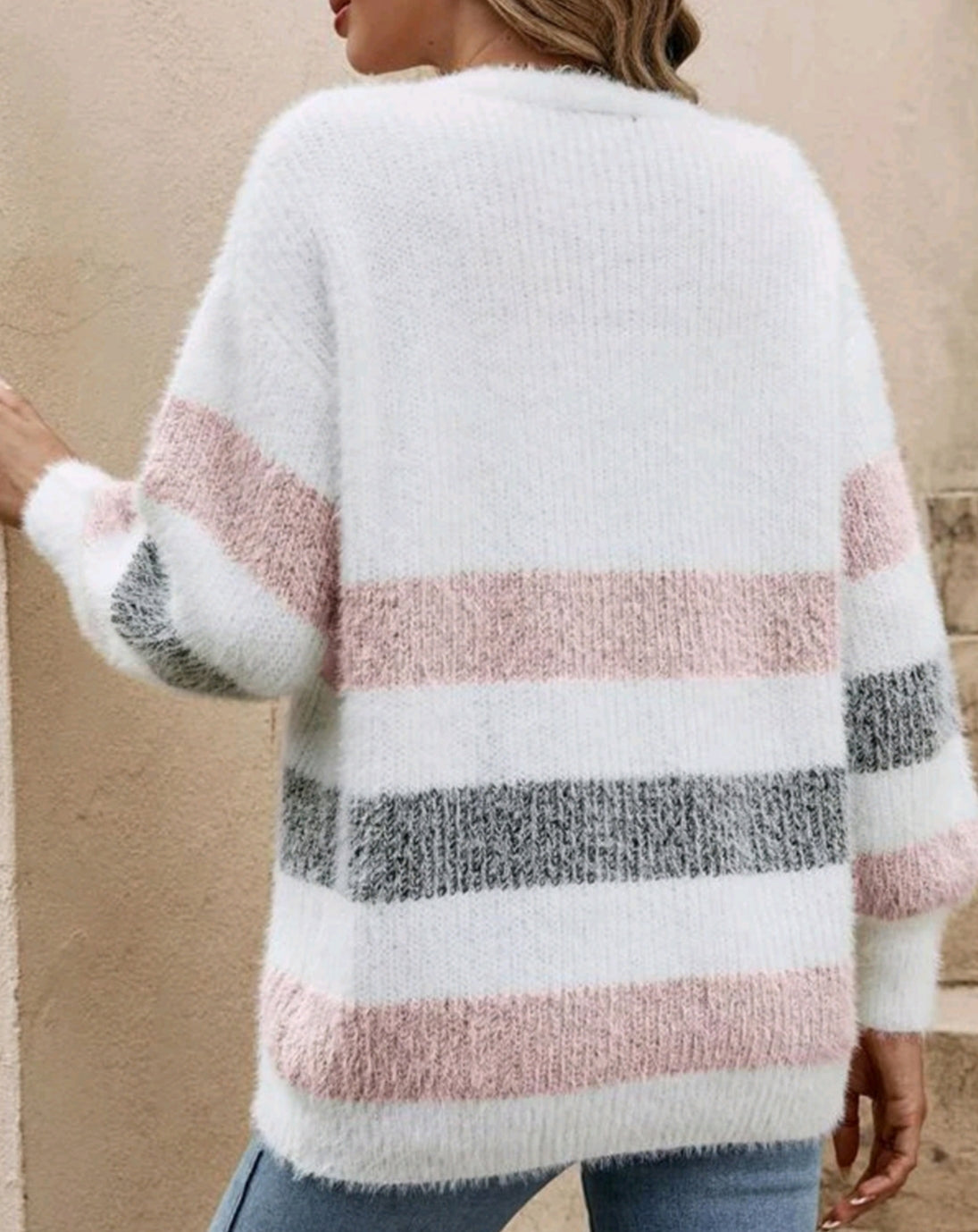 Fuzzy Stripe Longline Button Knit Sweater - Pink - 3