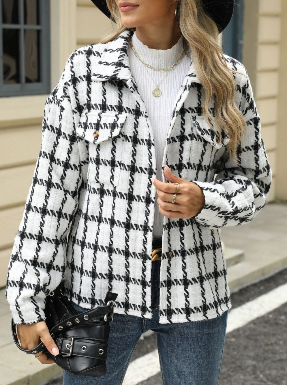 Brushed Plaid Shirt Jacket With Flap Pockets - Black