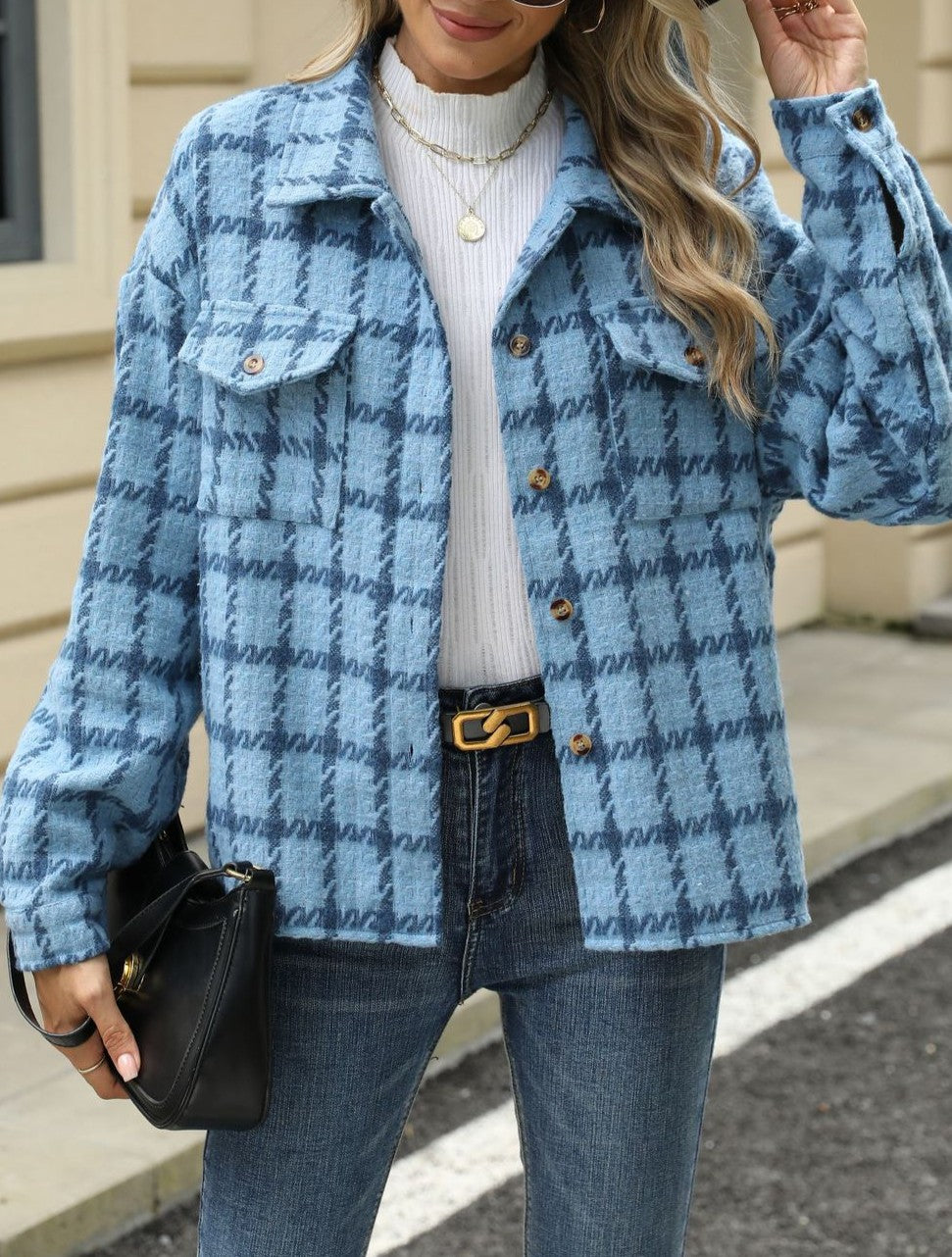 Brushed Plaid Shirt Jacket With Flap Pockets - Blue