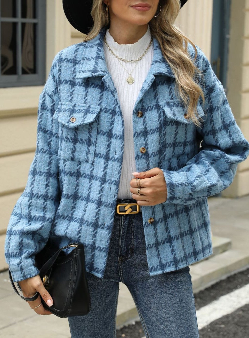 Brushed Plaid Shirt Jacket With Flap Pockets - Blue - 1