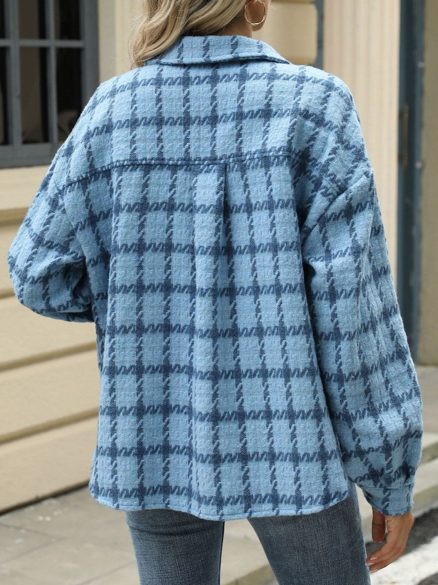 Brushed Plaid Shirt Jacket With Flap Pockets - Blue - 2
