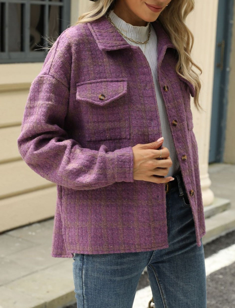 Brushed Plaid Shirt Jacket With Flap Pockets - Purple