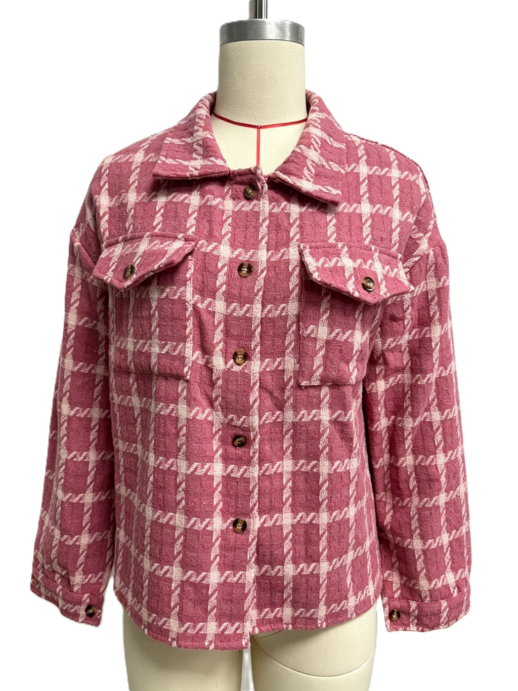 Brushed Plaid Shirt Jacket With Flap Pockets - Red