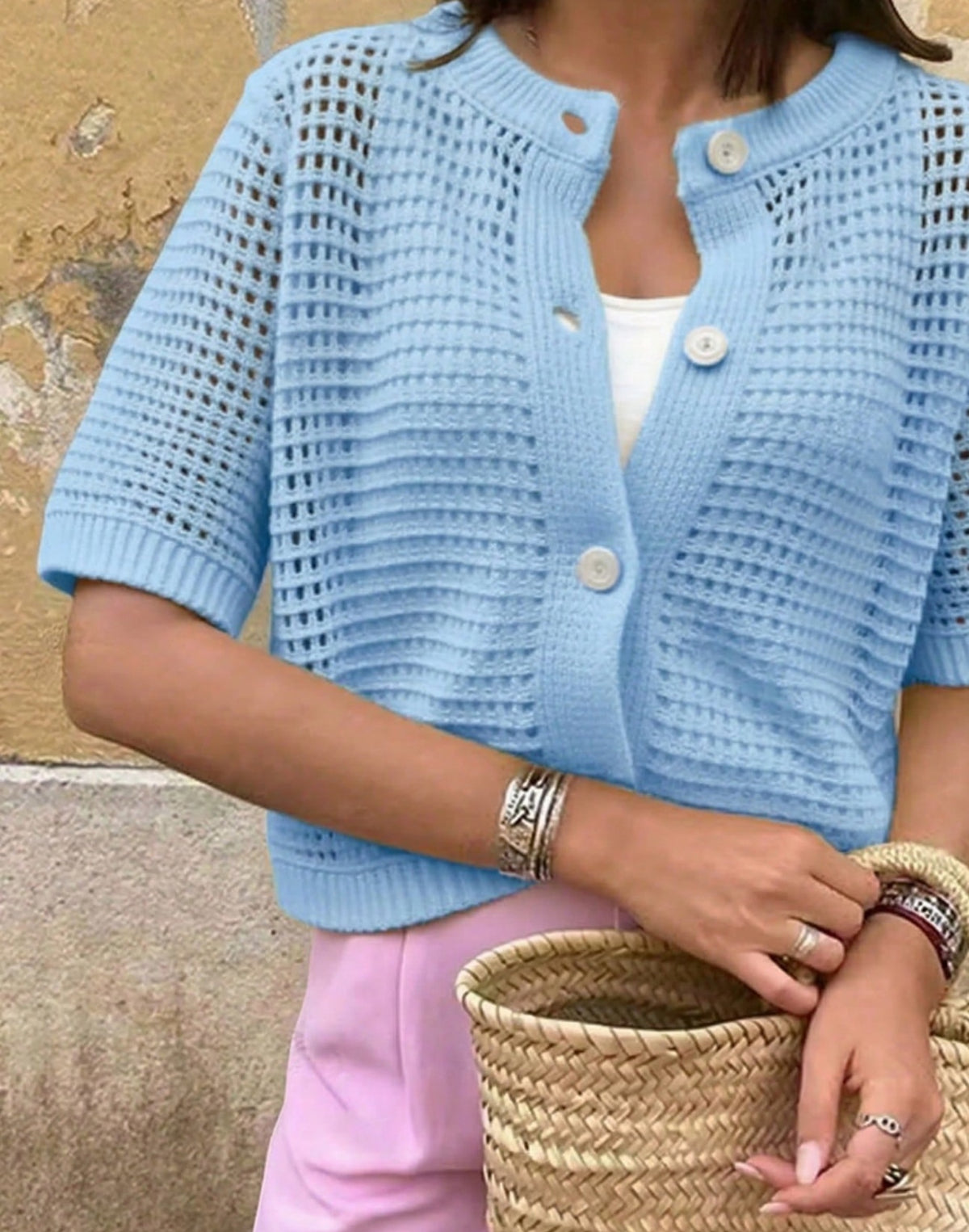 Open Knit Button Front Short Sleeve Blouse - Blue