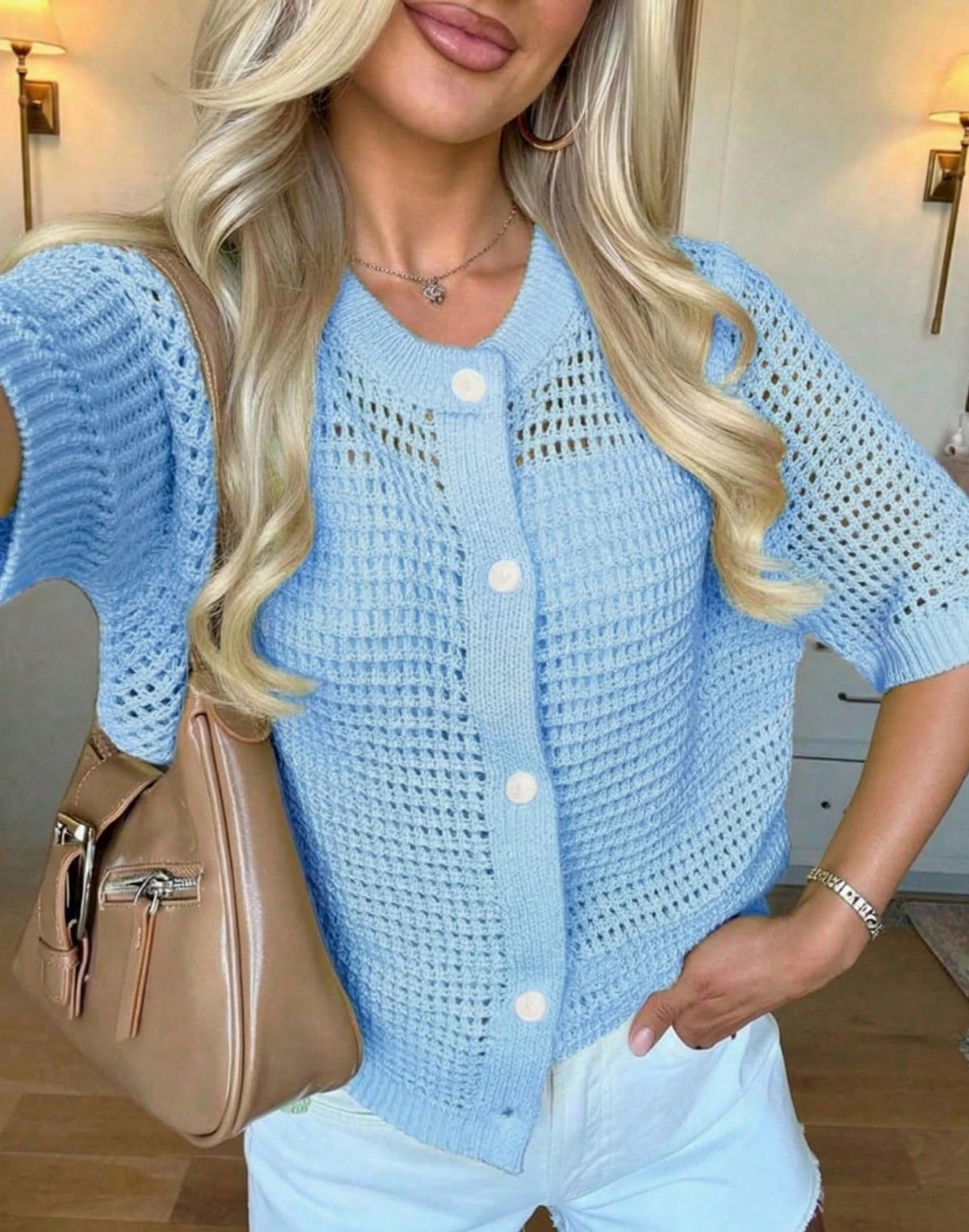 Open Knit Button Front Short Sleeve Blouse - Blue - 1