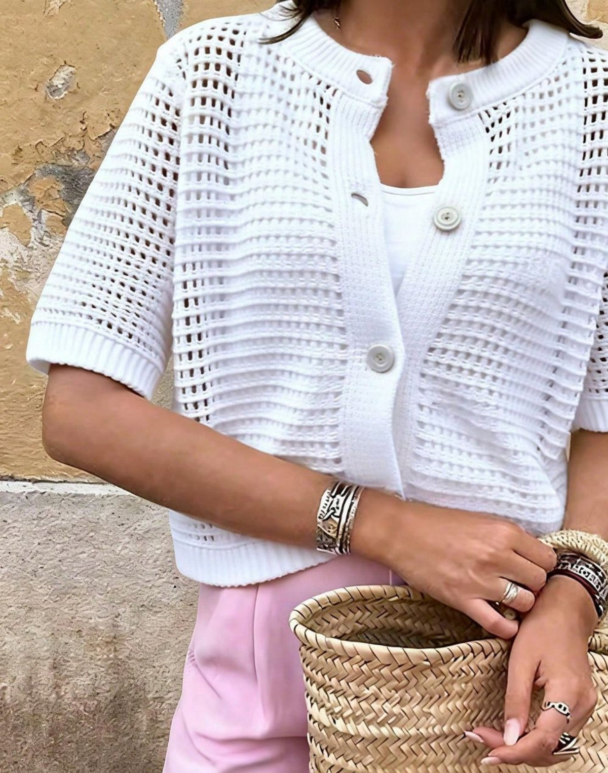Open Knit Button Front Short Sleeve Blouse - White - 2