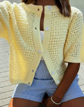 Open Knit Button Front Short Sleeve Blouse - Yellow