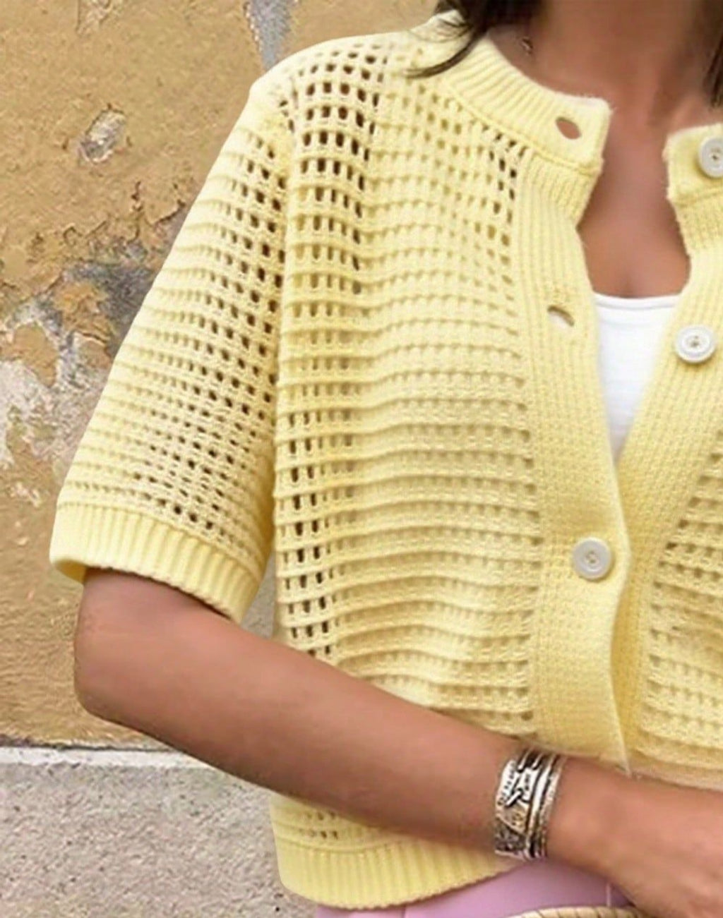 Open Knit Button Front Short Sleeve Blouse - Yellow - 1