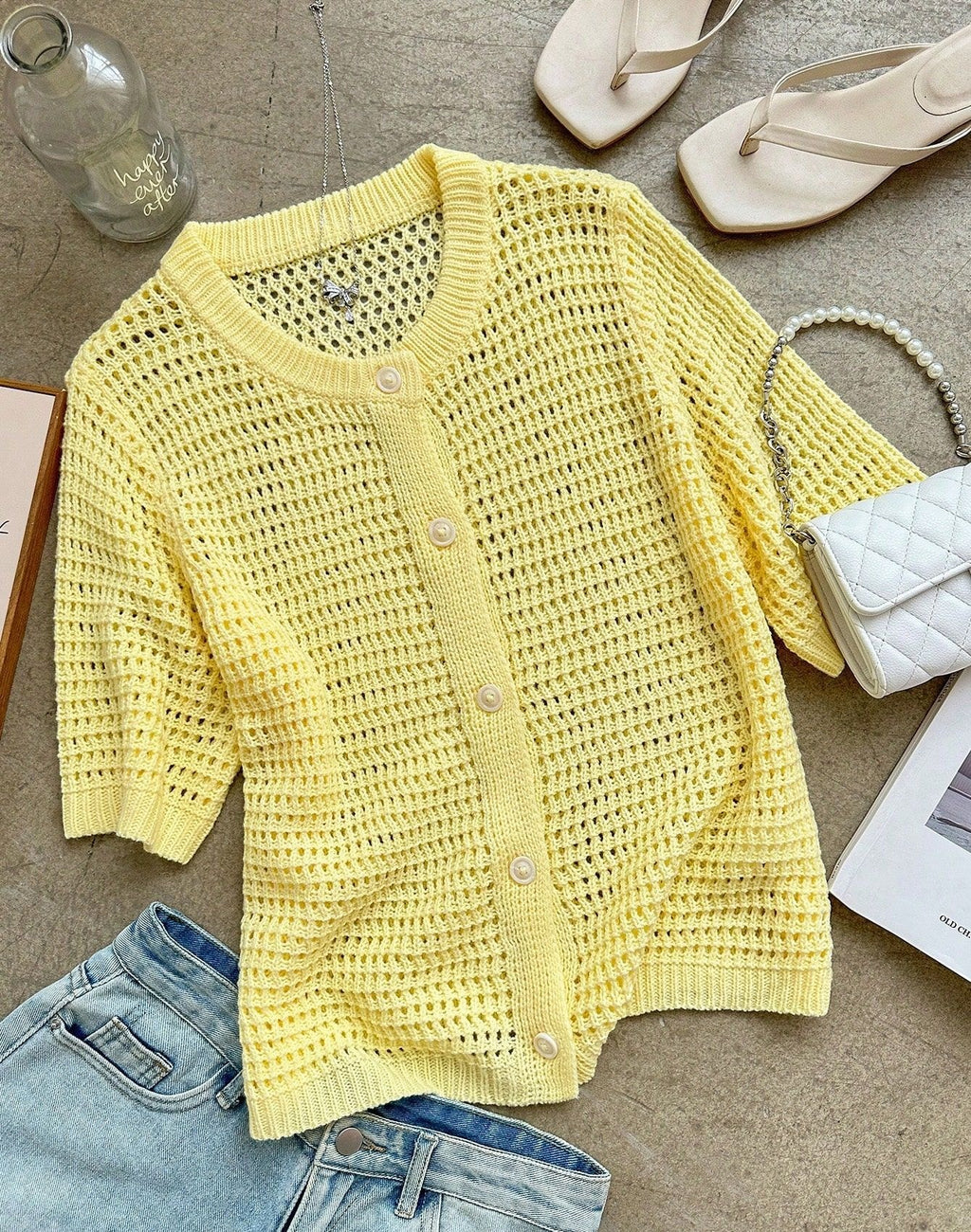 Open Knit Button Front Short Sleeve Blouse - Yellow - 5