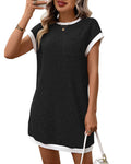 Contrast Trim Pocket Short Sleeve Mini Dress - Black