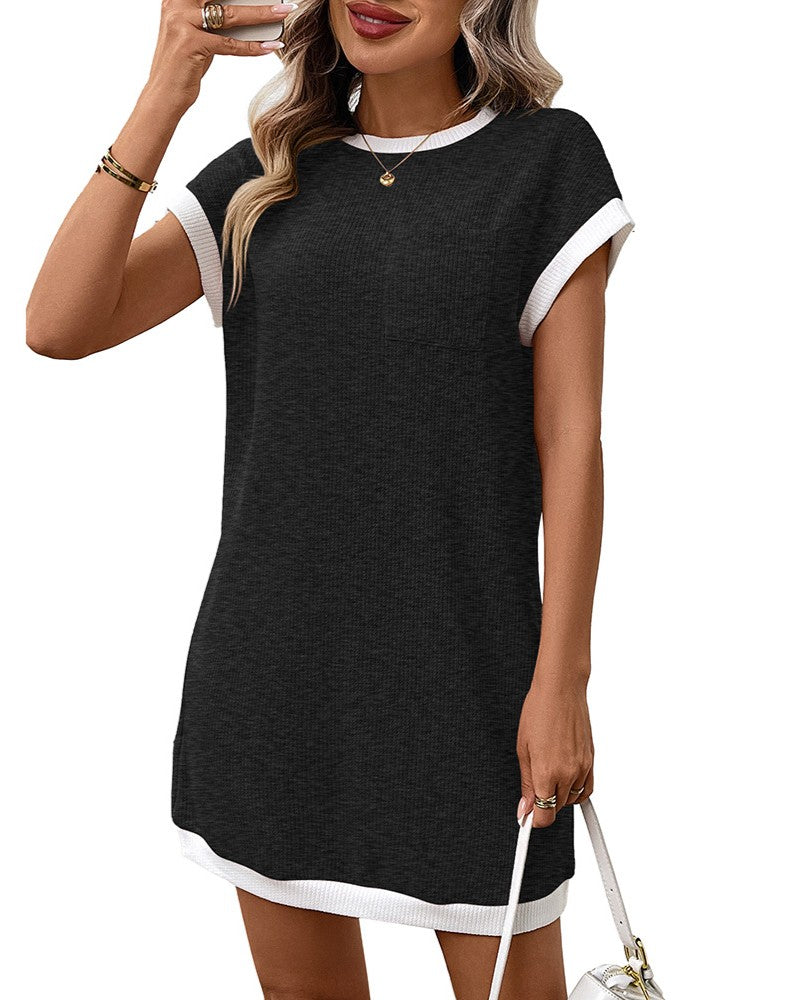 Contrast Trim Pocket Short Sleeve Mini Dress - Black