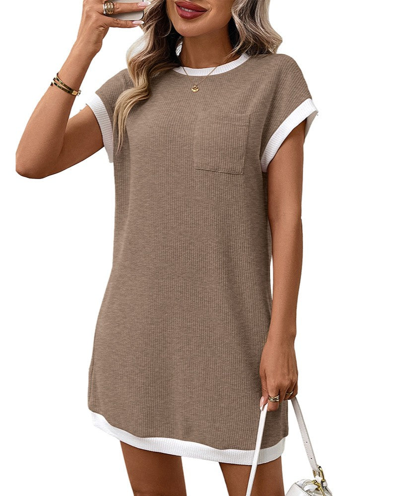 Contrast Trim Pocket Short Sleeve Mini Dress - Coffee