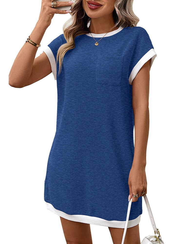 Contrast Trim Pocket Short Sleeve Mini Dress - Dark-Blue