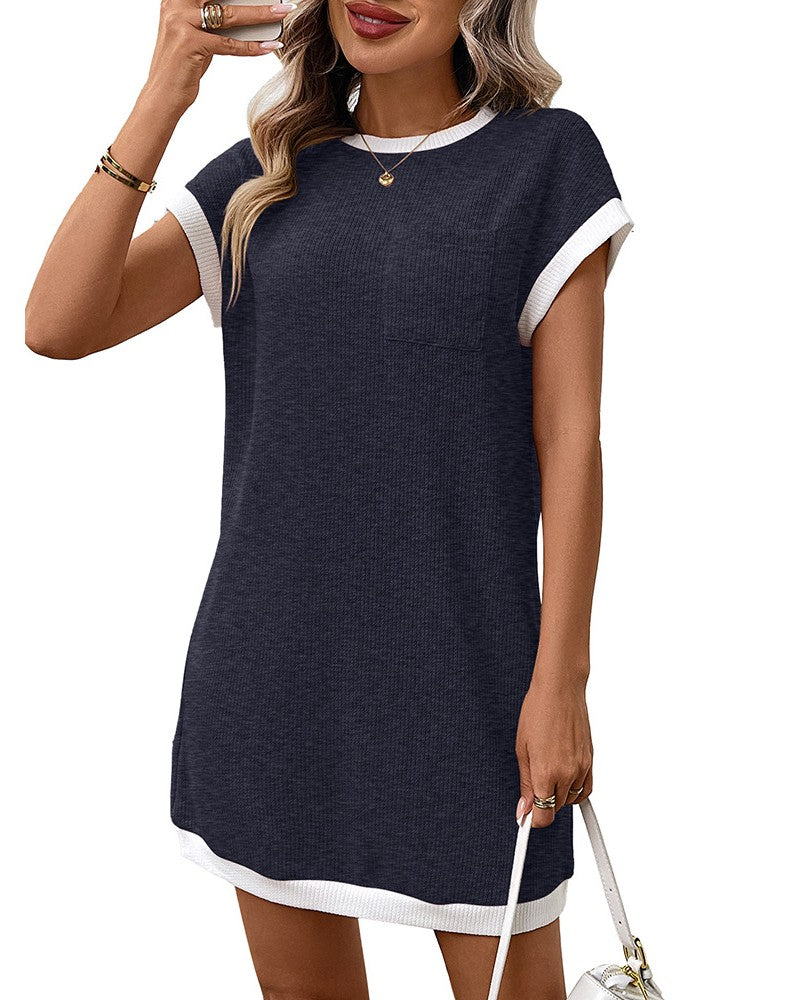 Contrast Trim Pocket Short Sleeve Mini Dress - Navy-Blue