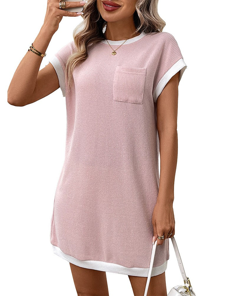 Contrast Trim Pocket Short Sleeve Mini Dress - Pink