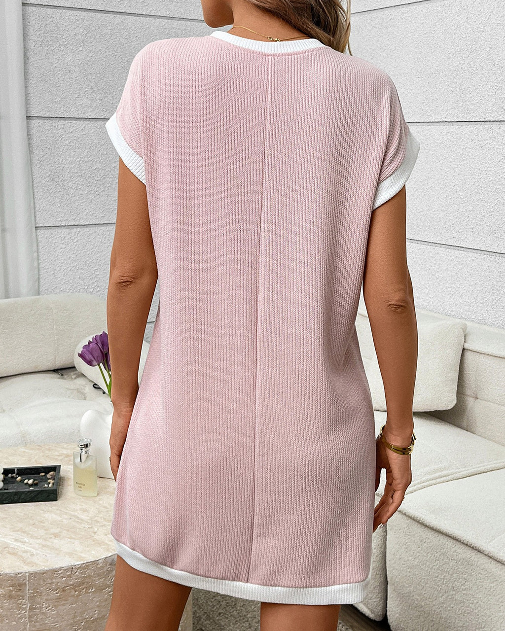 Contrast Trim Pocket Short Sleeve Mini Dress - Pink - 2