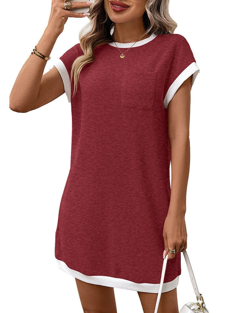 Contrast Trim Pocket Short Sleeve Mini Dress - Wine-Red