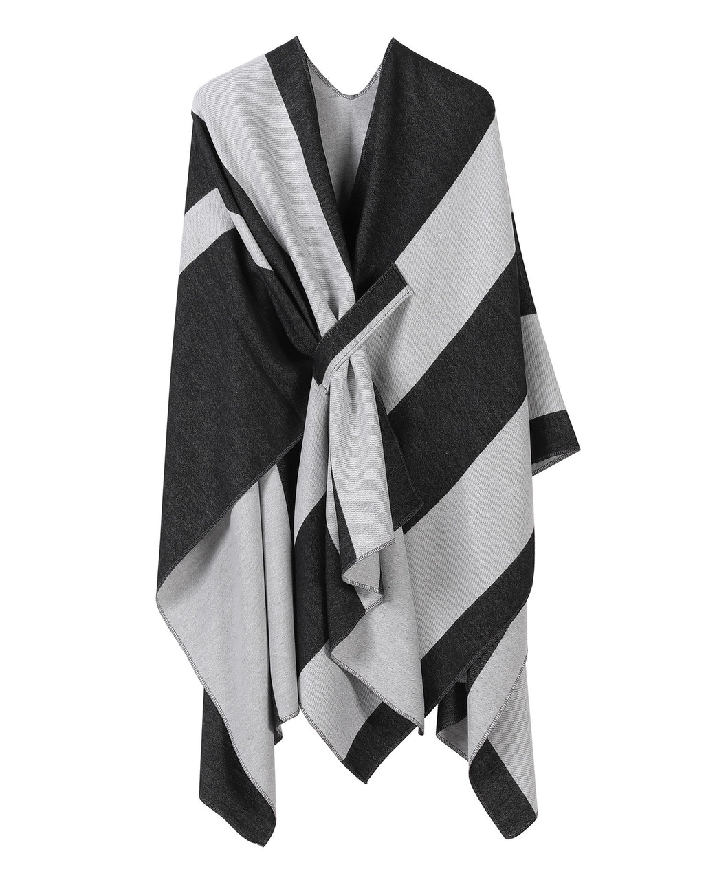 Bold Two Tone Striped Wrap Cape - BlackWhite