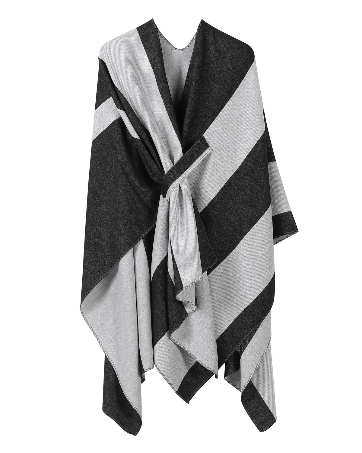 Bold Two Tone Striped Wrap Cape - BlackWhite