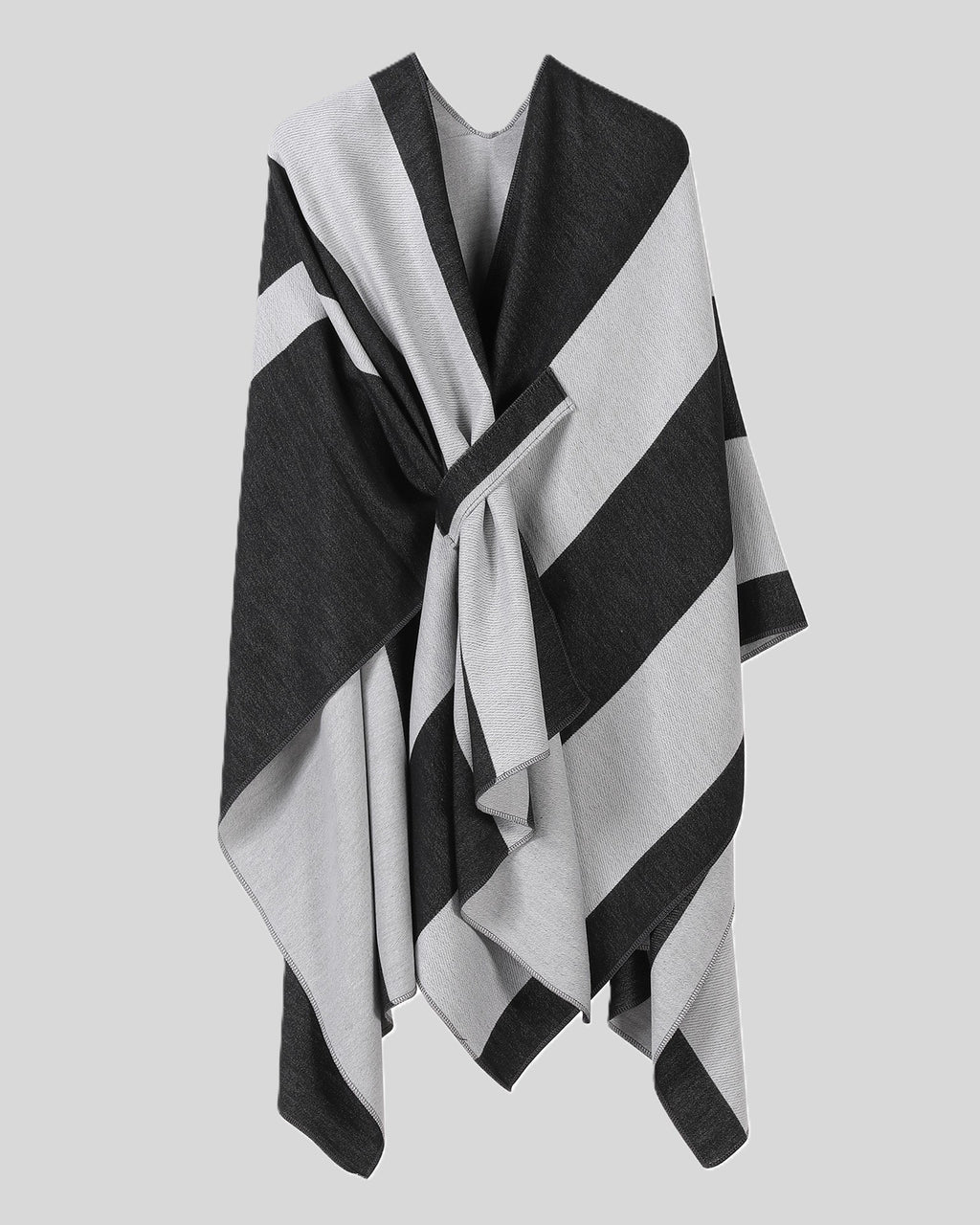 Bold Two Tone Striped Wrap Cape - BlackWhite - 1