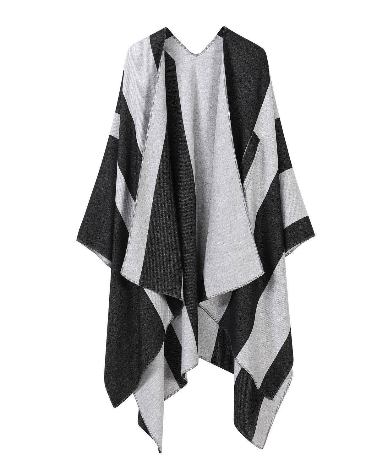 Bold Two Tone Striped Wrap Cape - BlackWhite - 2