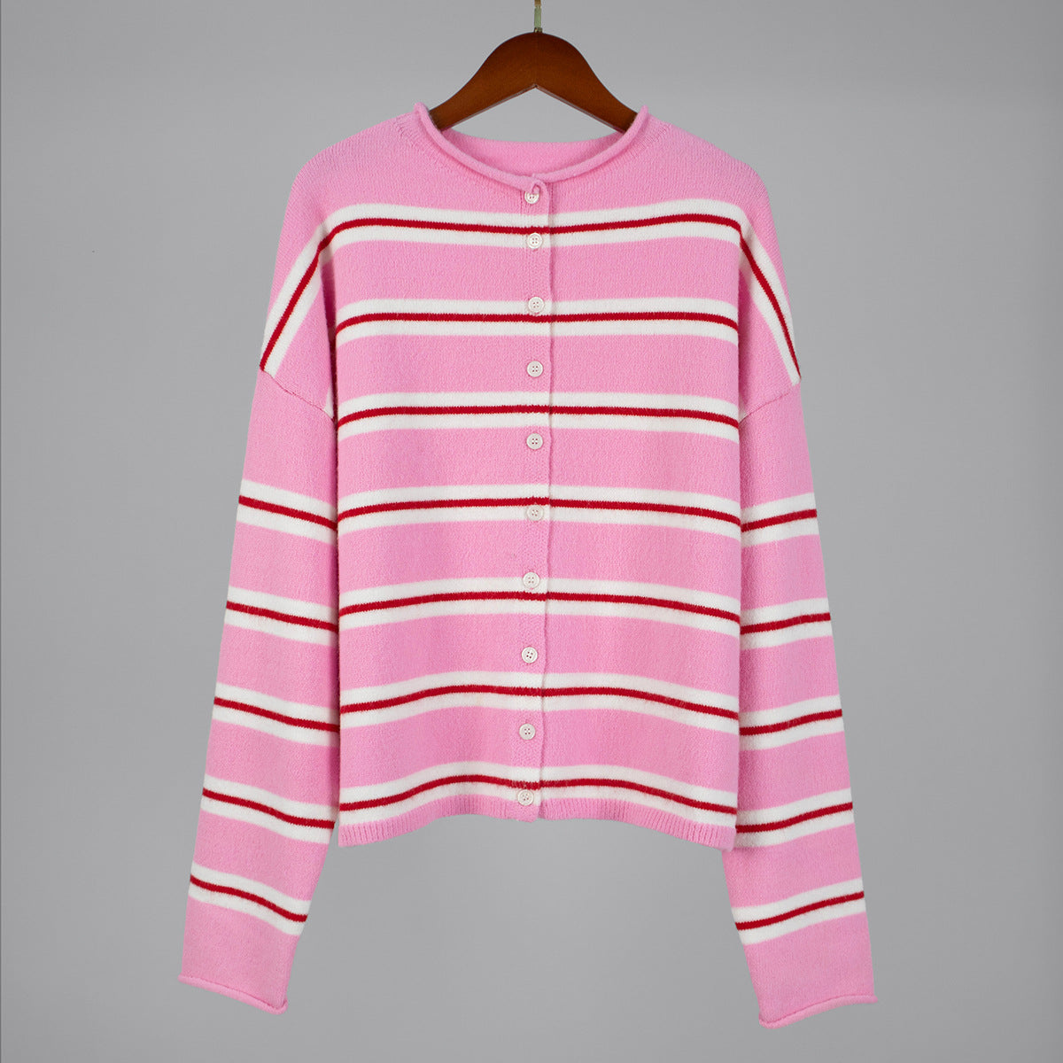 Rolled Edge Double Stripe Knit Cardigan - Pink - 1