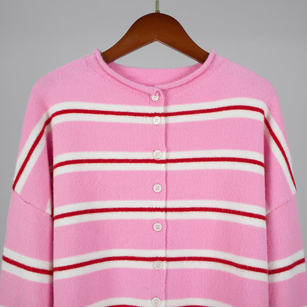 Rolled Edge Double Stripe Knit Cardigan - Pink - 2