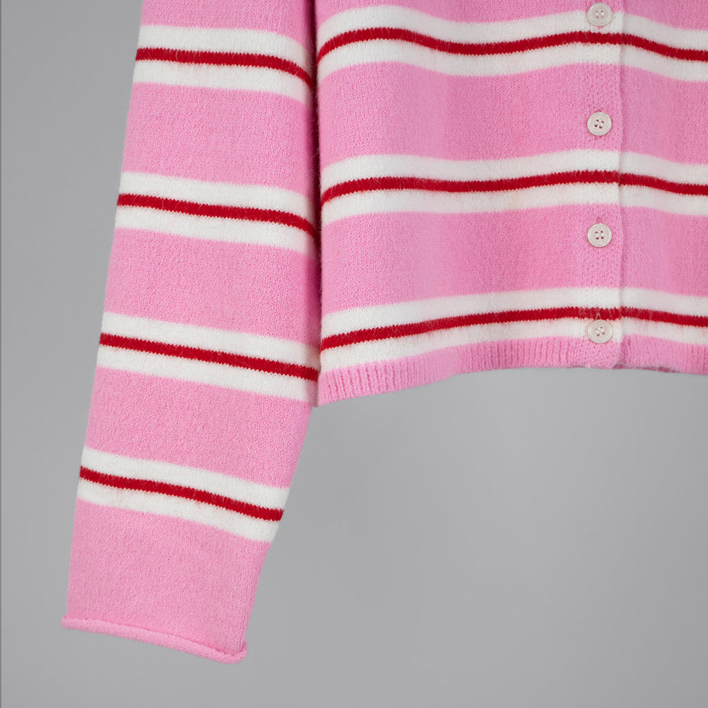 Rolled Edge Double Stripe Knit Cardigan - Pink - 3