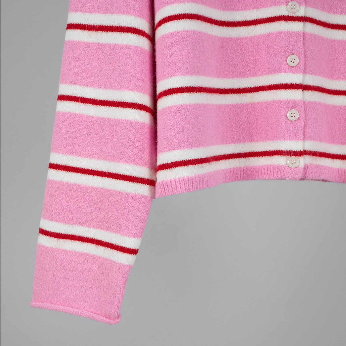Rolled Edge Double Stripe Knit Cardigan - Pink - 3