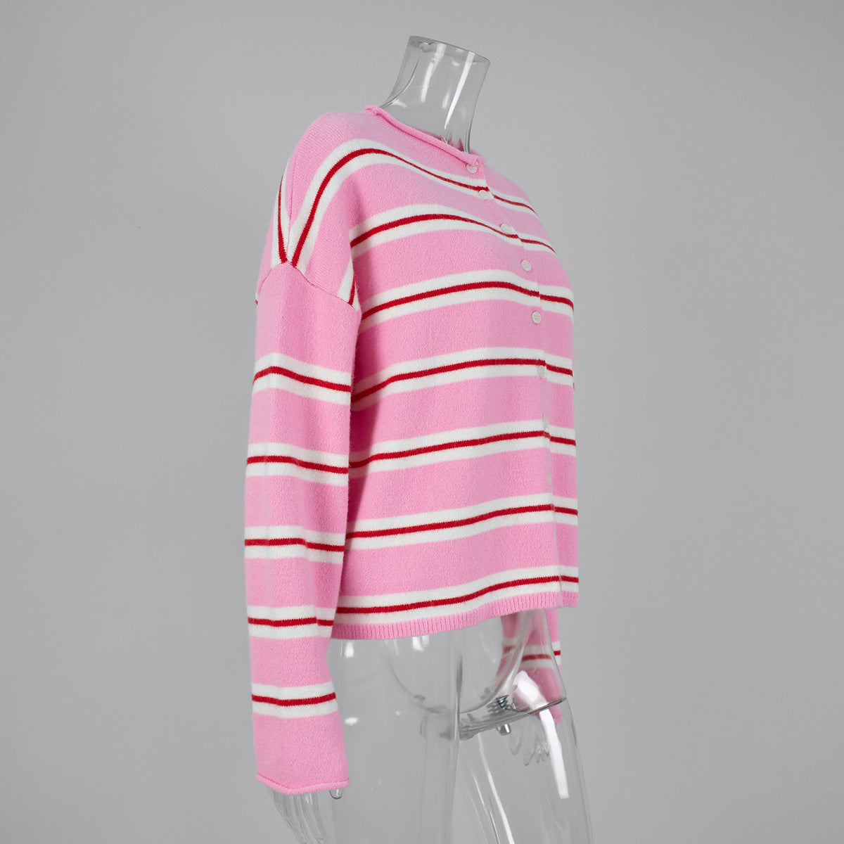 Rolled Edge Double Stripe Knit Cardigan - Pink - 6